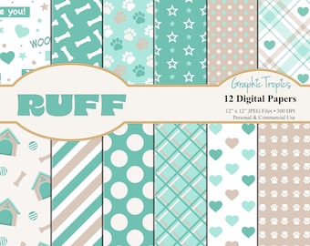 Ruff! Puppy Paper Set | Puppy Digital Download, Dog House Patterns, Paw Backgrounds, Dog Bones Scrapbook Paper Pack, Puppies, Commercial Use