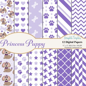 May include: Twelve digital papers featuring a princess puppy theme. The papers include patterns of purple paw prints, stars, hearts, bones, and chevron stripes on a white background.  The text "Princess Puppy" and "Graphic Tropics 12 Digital Papers" is included in the image.