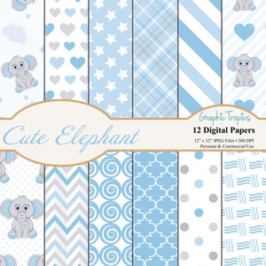 Cute Elephant in Blue Digital Scrapbook Paper Set | Blue Digital Download, Elephant Patterns, Blue Scrapbooking Paper Pack, Commercial Use