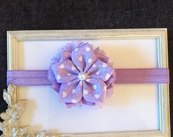 Gorgeous purple and white hearts ribbon flower headband for baby, girls, newborn, little girls.