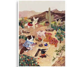 Desert Dogs Campout Art Print – Whimsical Animal Illustration Poster