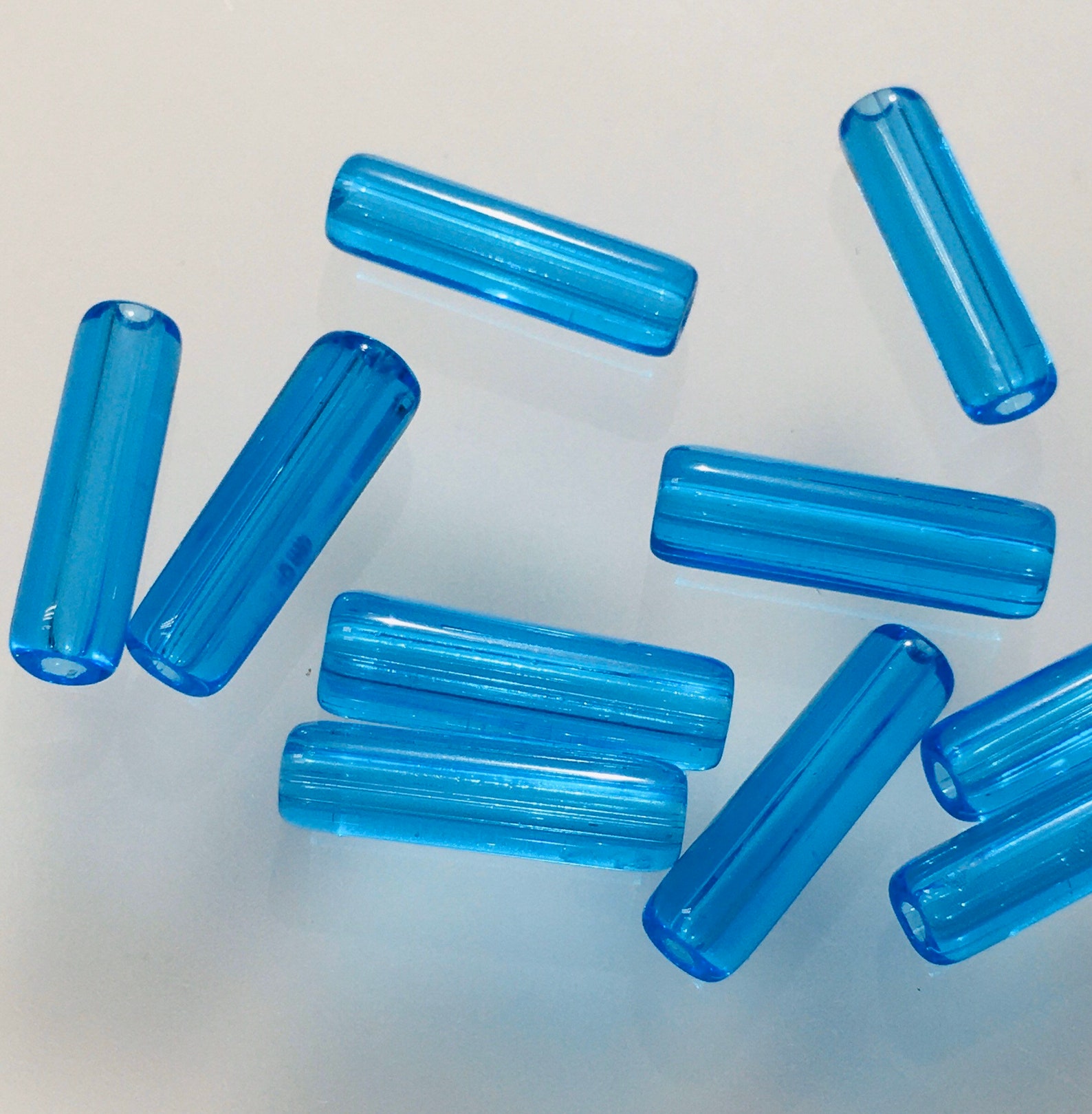 Aqua Tube Beads 20, 14mm Tube Shaped Beads, Clear Smooth Glass Wrapped Aqua Lot of 20, 14mm X