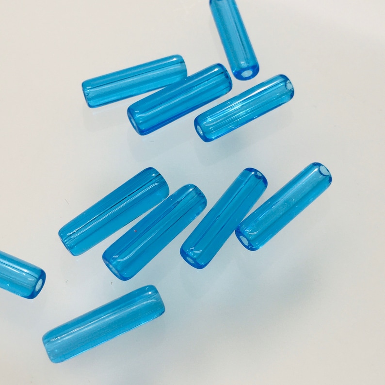 Aqua Tube Beads 20, 14mm Tube Shaped Beads, Clear Smooth Glass Wrapped Aqua Lot of 20, 14mm X