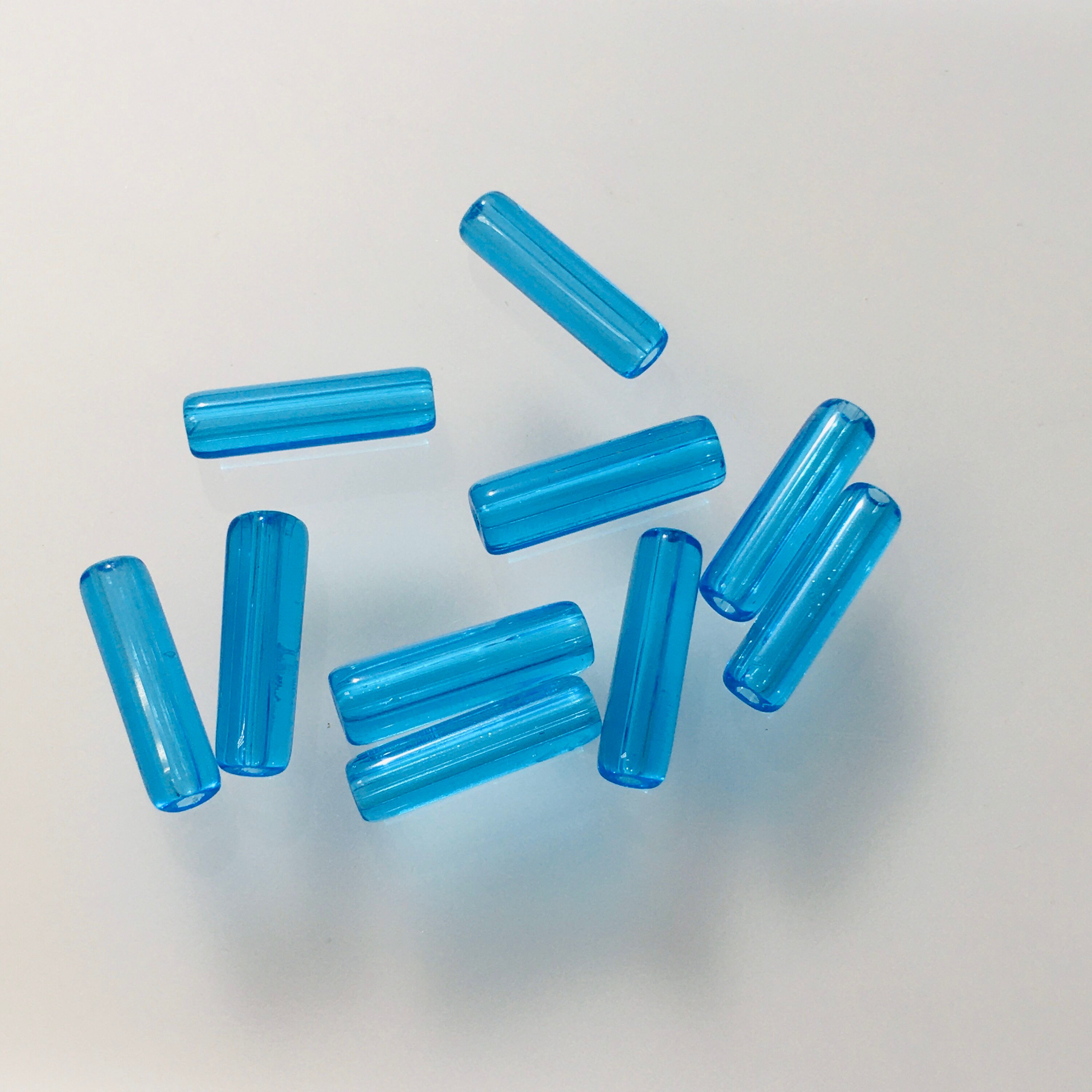 Aqua Tube Beads 20, 14mm Tube Shaped Beads, Clear Smooth Glass Wrapped Aqua Lot of 20, 14mm X
