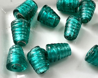Cone (8) Rare Beads Deep Teal Glass Silver Foil lined Vintage Beads (8) 10mm x 8mm Handmade Foil lined Rarely Seen B16.8 teal