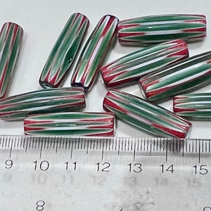 Long Chevron Beads. Red Green White Lot of 10, 10mm x 30mm (B40.10)