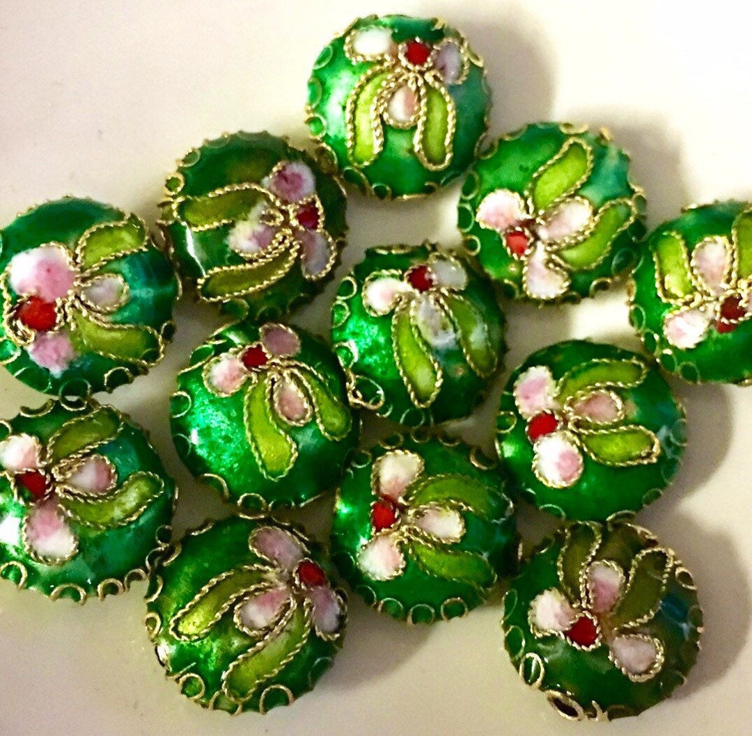 Cloisonné Stunning Green Flower Pillow Beads 12mm Green Gold High