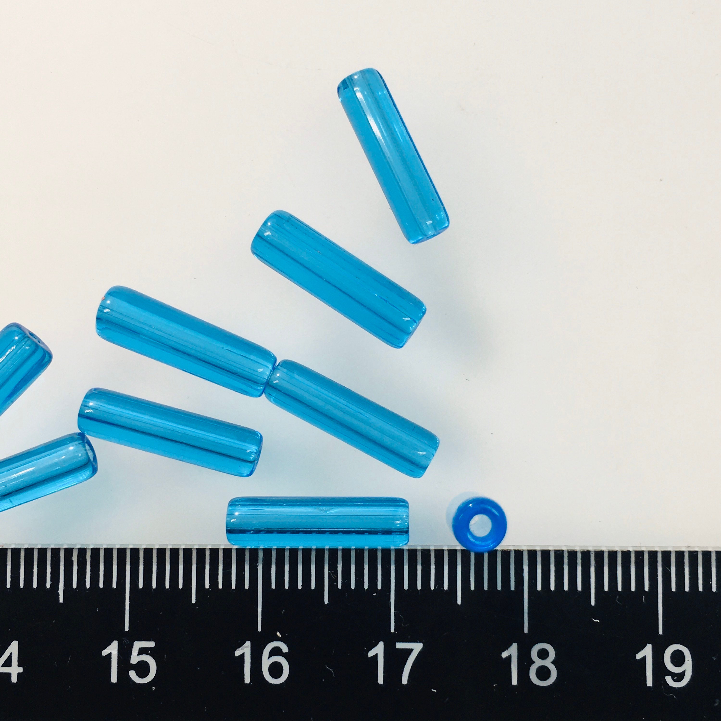 Aqua Tube Beads 20, 14mm Tube Shaped Beads, Clear Smooth Glass Wrapped Aqua Lot of 20, 14mm X