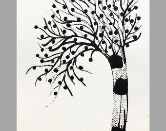 May include: Black and white ink drawing of a tree with a thick trunk and many branches. The branches are covered in small circles, resembling fruit or leaves. The drawing is signed "Minchki 22" in the bottom right corner.