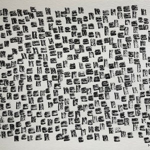 May include: Black and white abstract art print with a textured, brushstroke effect. The print is made up of hundreds of small, rectangular shapes.