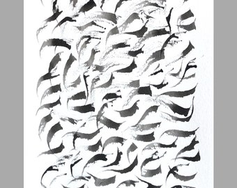 May include: Black and white abstract ink painting with a swirling, flowing pattern. The artist's signature, "Mioski 22", is in the bottom left corner.