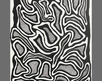 Peut inclure: Impression d'art abstrait en noir et blanc avec un motif tourbillonnant et organique. L'impression est signée "Mincheli '21" en bas à droite.
