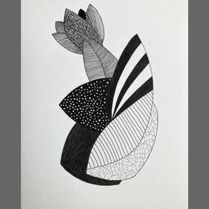 May include: Black and white abstract line art drawing of a flower with geometric shapes.