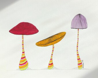 A4 handdrawn colour original mushrooms artwork, fungi, gift, present, friendship, joy, milena mihaylova