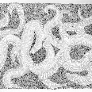 May include: A black and white ink drawing on paper featuring a series of flowing, undulating ribbon-like shapes composed of parallel lines. The background is filled with a dense, scribbled texture of dark ink, contrasting with the white forms.