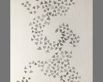 May include: A black and white abstract drawing of a series of concentric circles made up of small triangles. The drawing is on a white background and signed "Minchki '23" in the bottom right corner.