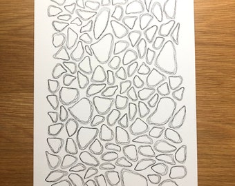 May include: Black and white line drawing of a pattern of overlapping organic shapes. The drawing is on a white background and signed "Manchu '21" in the bottom right corner.