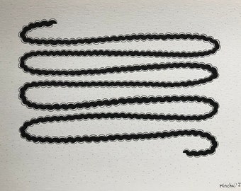 May include: A black and white abstract drawing of a continuous line forming a wavy pattern. The line is made up of a series of connected circles.