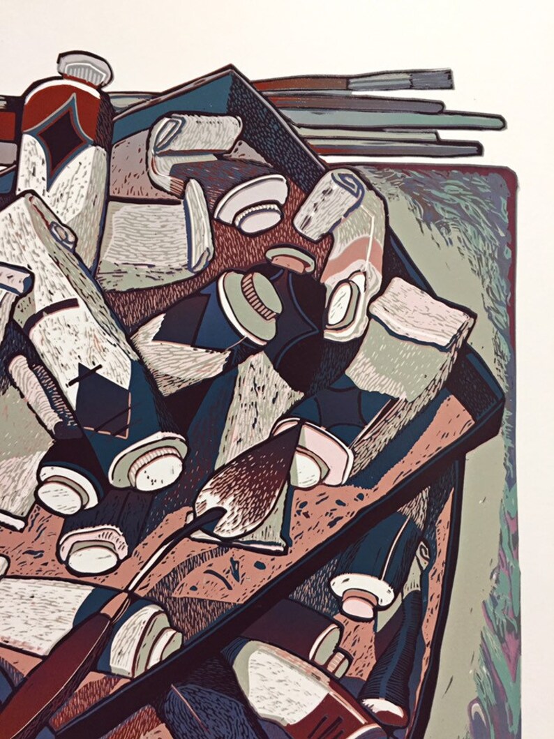 Linocut print Paints and brushes still life Etsy