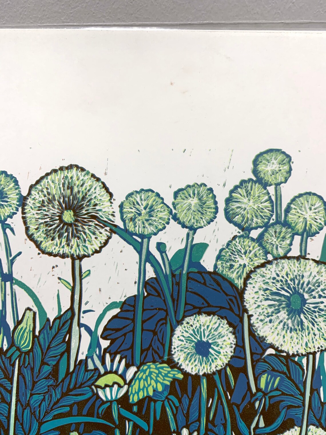 Linocut print with dandelions flowers linoleum original print Etsy