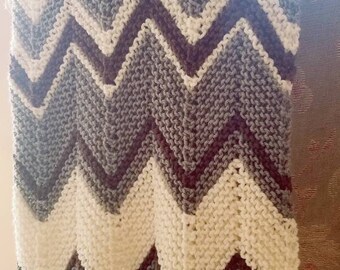 Handmade Knit Modern Trendy Classic Ripples Chevron Neutrals Grey Brown and Cream Baby Blanket Afghan
