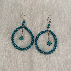 Handmade Earrings, Blue Frosted Small Beads, Blue Small Flower, Silver Hoop Dangle Earrings.