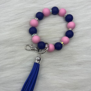 Handmade Silicone Bead Wristlet Keychain: Blue Tassel, Rhinestone Accents