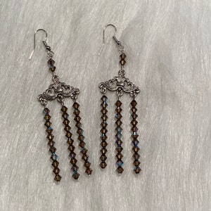Handmade Earrings, Black Small Bicone Beads, Silver Design Charm, Dangle Earrings.