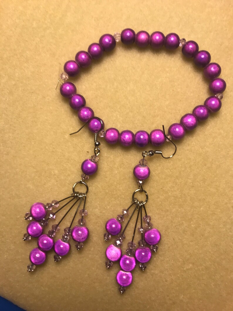 Silver Dangle Earrings. Handmade Earrings /& Bracelet Set Purple Small Beads Pink Small Beads