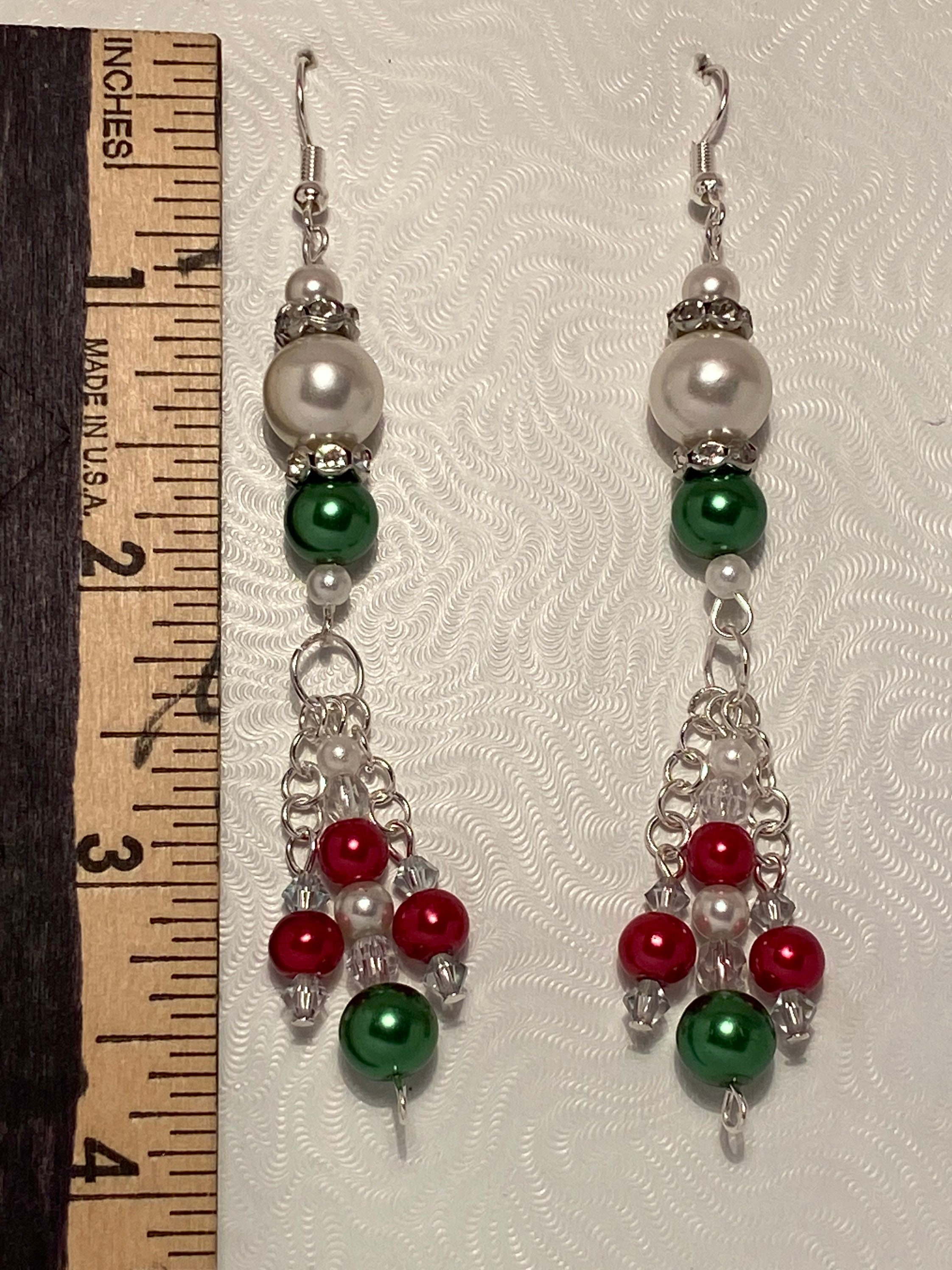 Handmade Earrings Red Green White Pearl Beads Crystal | Etsy