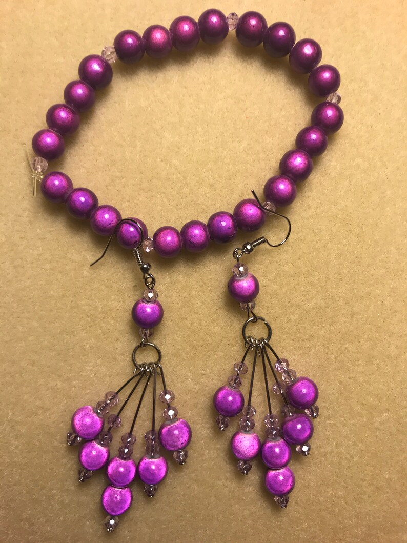 Silver Dangle Earrings. Handmade Earrings /& Bracelet Set Purple Small Beads Pink Small Beads