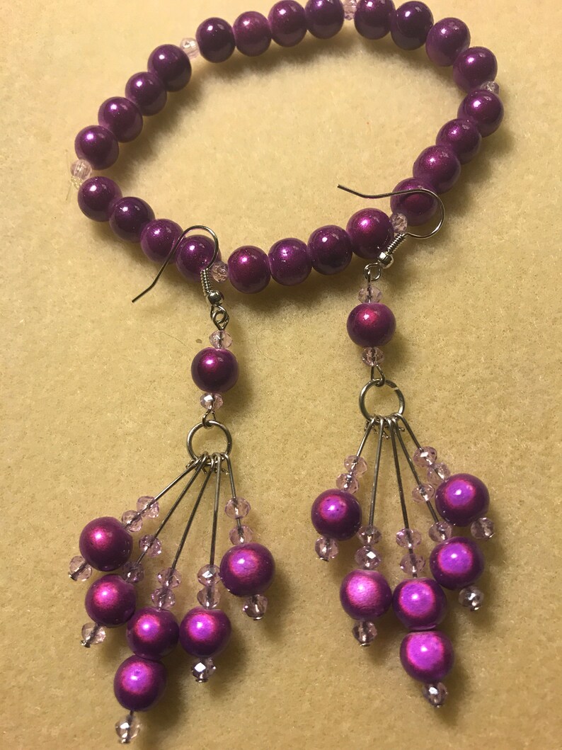 Silver Dangle Earrings. Handmade Earrings /& Bracelet Set Purple Small Beads Pink Small Beads