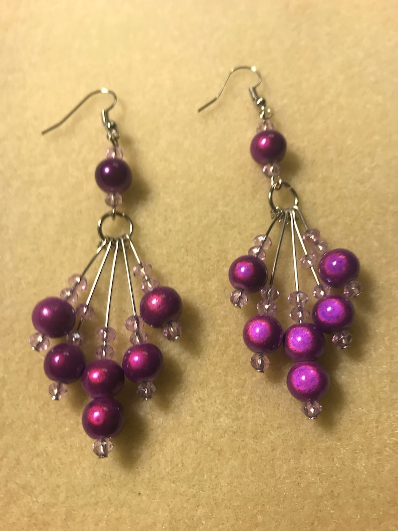 Silver Dangle Earrings. Handmade Earrings /& Bracelet Set Purple Small Beads Pink Small Beads