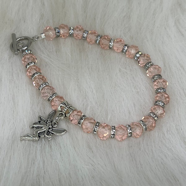 Handmade Bracelet, Pink Beads, Silver Rhinestone Beads, Silver Tinkerbell Charm, Silver Stretch Clasp Bracelet.