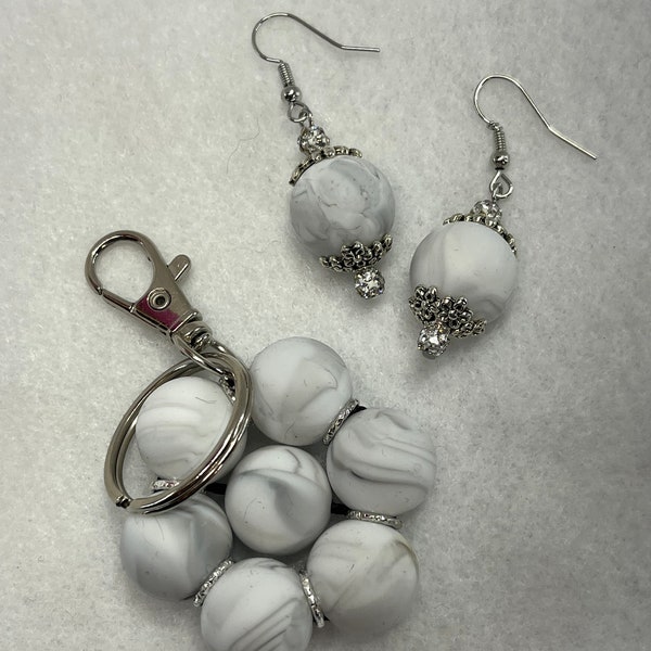 Handmade Keychain, Earrings Set, Silver Spacers, White Marble Silicone Beads, Silver Keyring & Clasp, Rhinestone Beads.