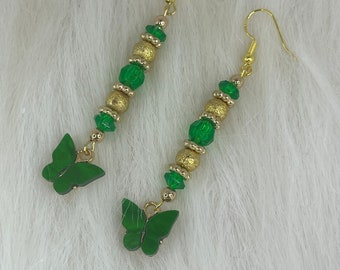 Handmade Earrings, Green Beads, Gold Beads, Green Butterfly Charm, Dangle Earrings.