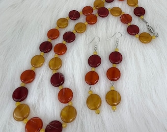 Handmade Beaded Necklace and Dangle Earrings Set: Fall Colors