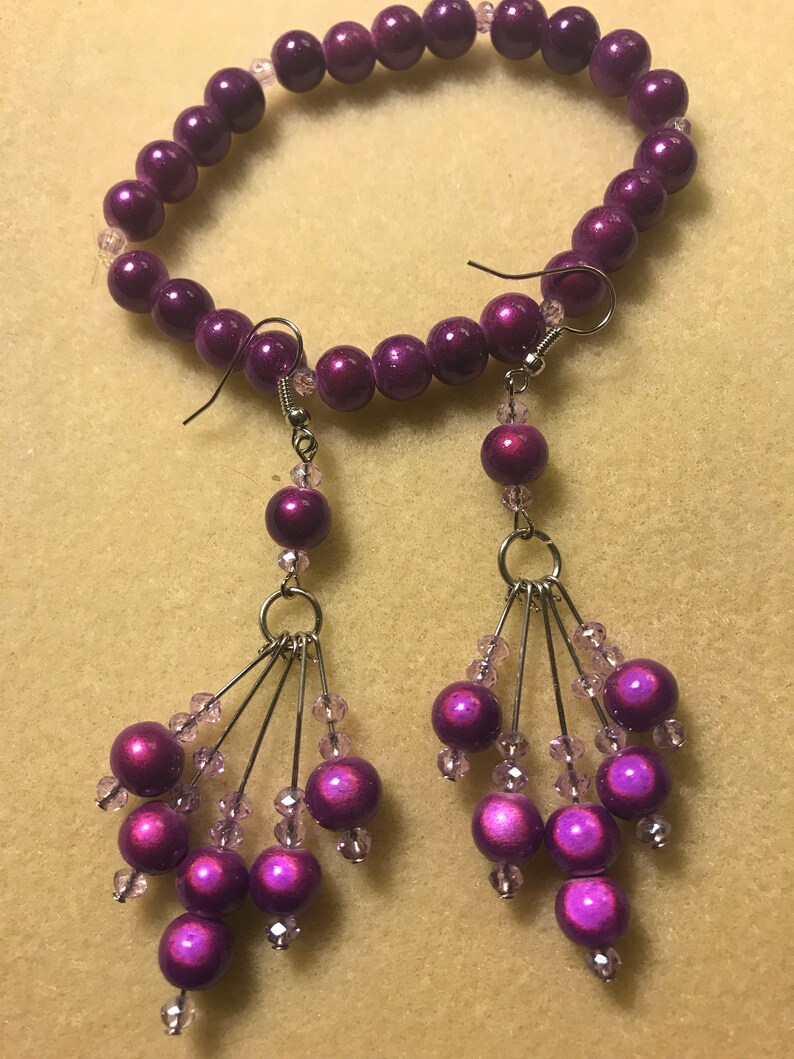 Silver Dangle Earrings. Handmade Earrings /& Bracelet Set Purple Small Beads Pink Small Beads