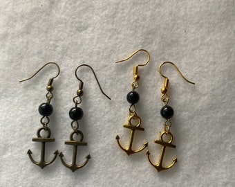 Handmade Earrings, Gold, Bronze Anchor Charm, Black Small Beads, Dangle Earrings.