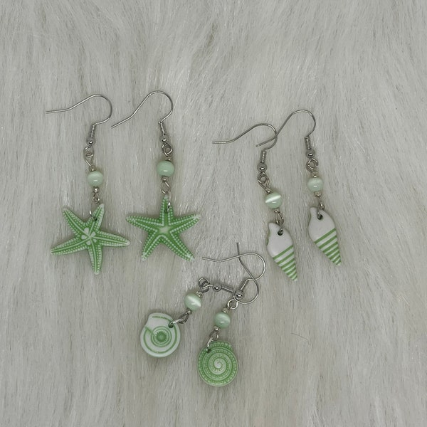 Handmade Earrings, Green Seashells, Starfish, Green Round Miracle Beads, Petite Silver Beads, Silver Dangle Earrings.