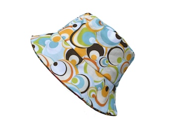 Handmade, reversible cotton bucket hat, swirls and circles