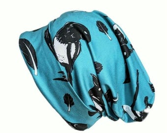 Magpie on teal,  slouchy beanie hat
