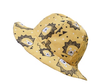 Sombrero reversible para bebé, sombrero de sol o sombrero de pescador, con diseño de león azul mostaza y gris, reversible