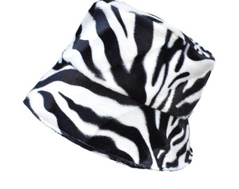 Zebra print faux fur bucket hat