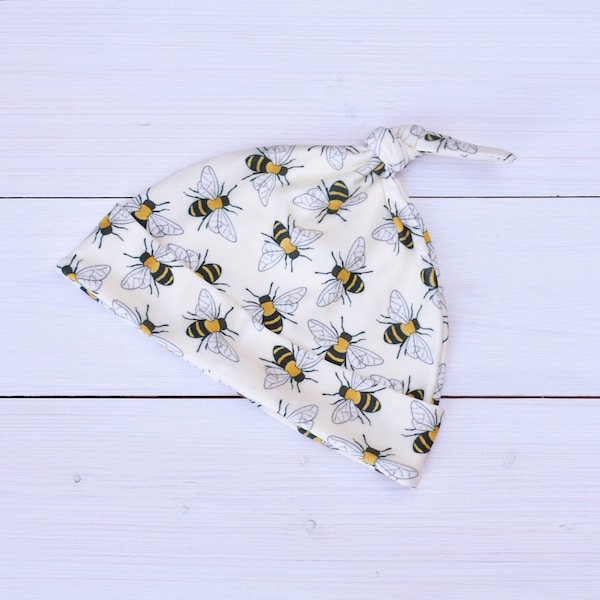 Bee, knotted tie top beanie hat