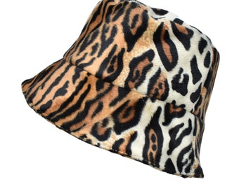 Leopard print faux fur bucket hat