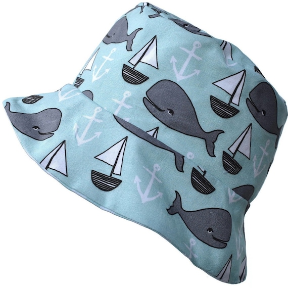 Handmade Reversible Bucket or Sun Hat, With Whale Design and 