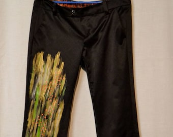 HANDPAINTED GLOSSY PANTS Woman Trousers Straight Leg Glossy Black Hand Painted Pants sz. M