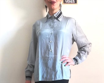 PANCALDI & B SILK SHIRT Vintage 70 Woman Button-Up Shirt Pearl Grey Silk Blouse Made in Italy sz. V