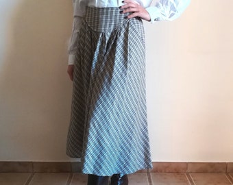 PLAID BELL SKIRT Vintage 70 Woman Circle Skirt Beige Brown Check Midi Skirt Wool Blend Skirt sz. 44